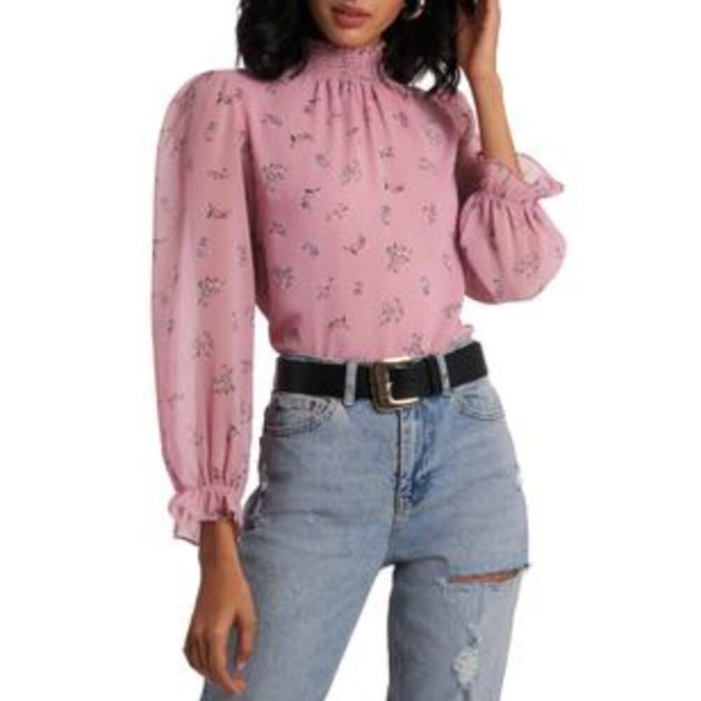 1.state Pink Smocked Mock Neck Puff Sleeve Boho Blouse Top S Cottage Core - Picture 2 of 11